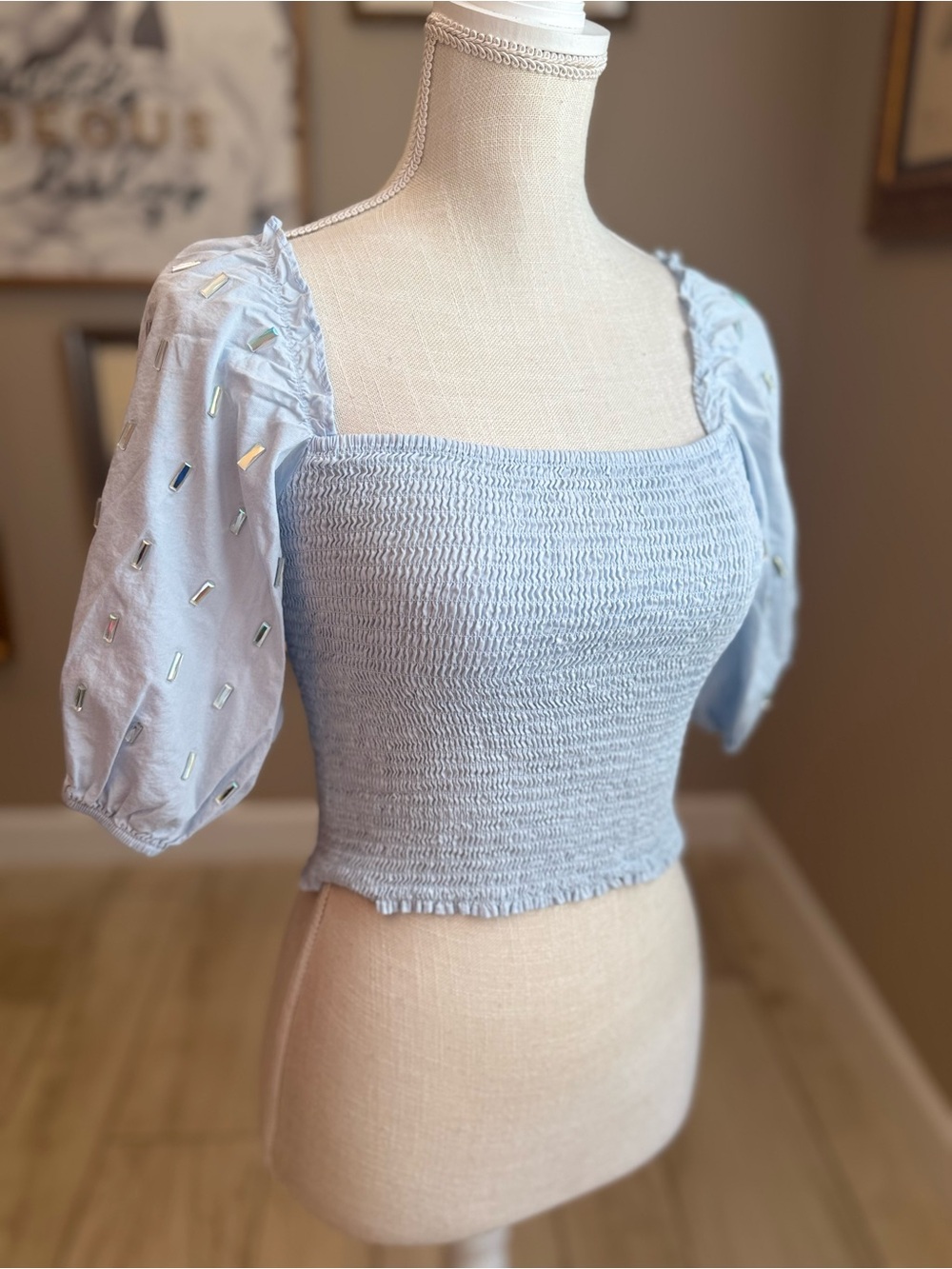 QUEEN OF SPARKLES Light Blue Smocked Rhinestone Puff Sleeve Top